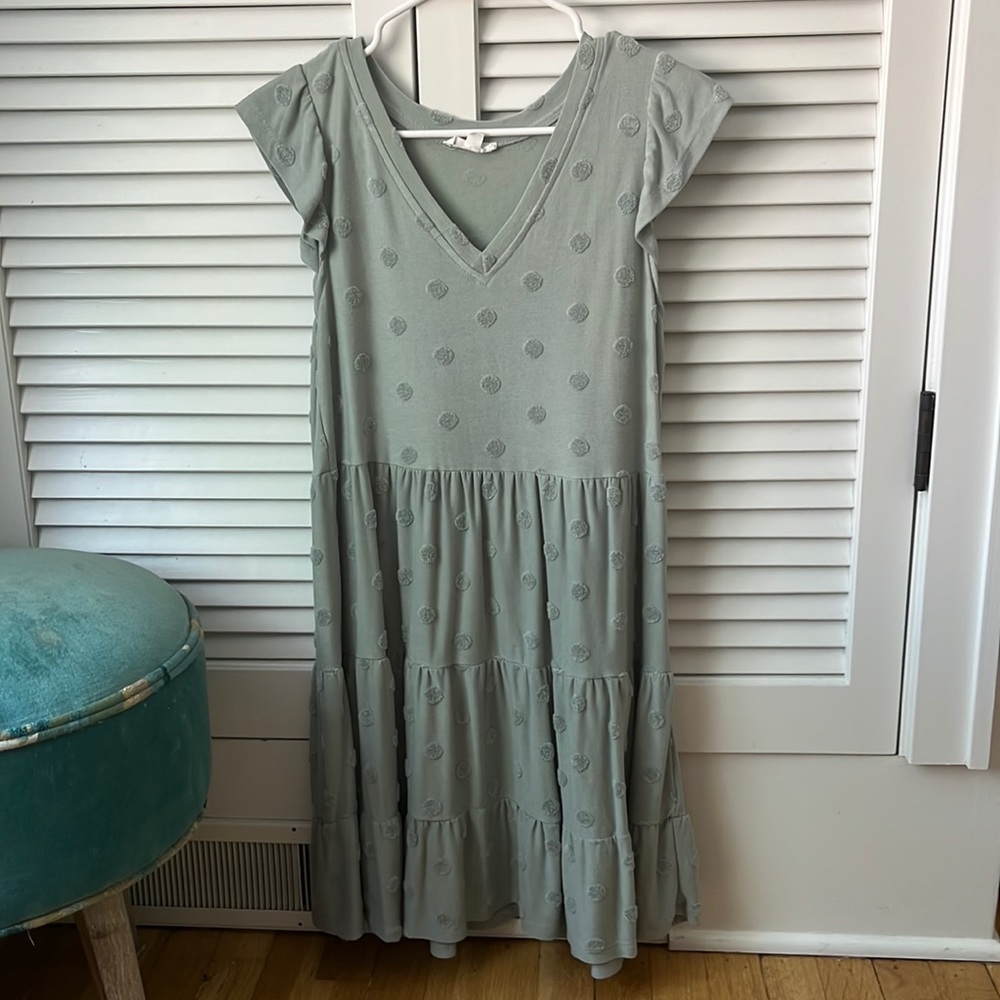 Blu Pepper Sage Green/Blue V Neck Dress with Textured Polka Dots